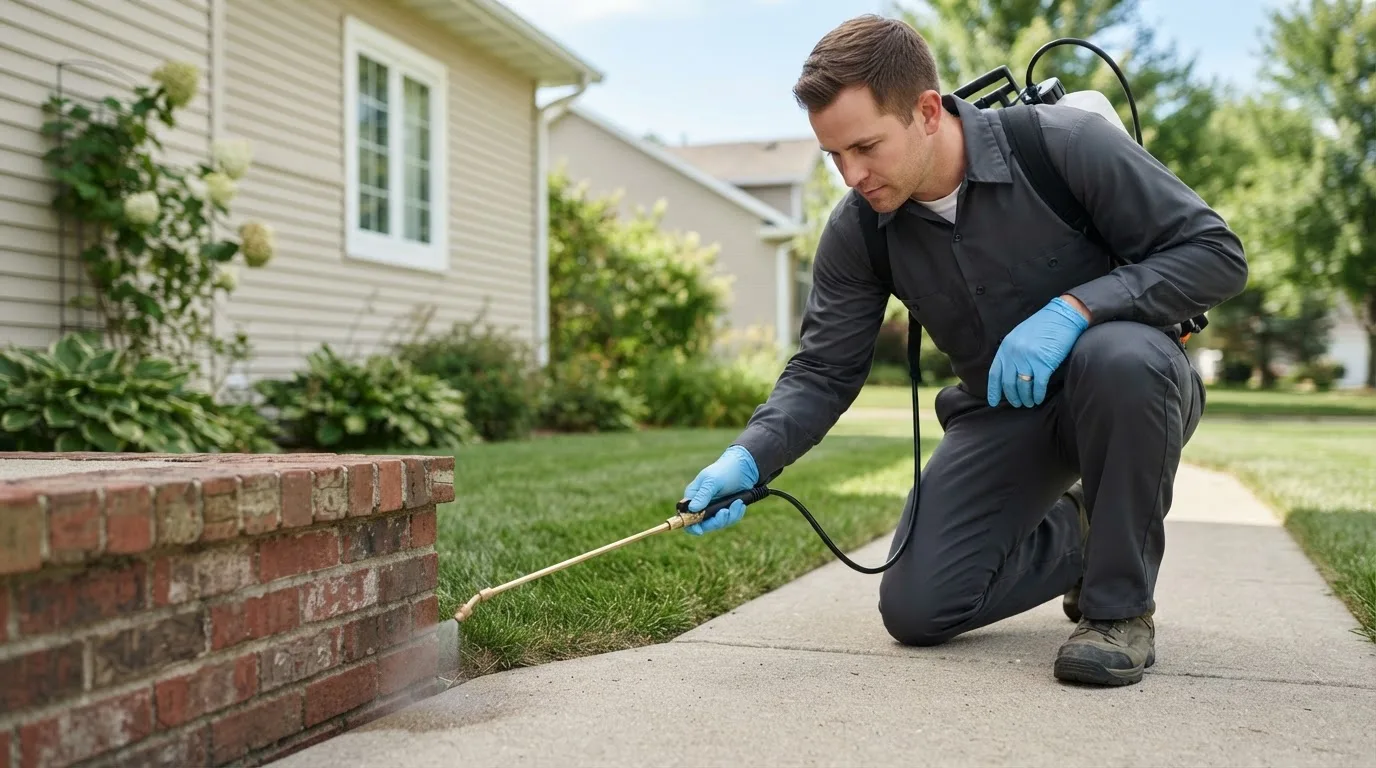 Pest control technician treating a home near Fort Rock, OR